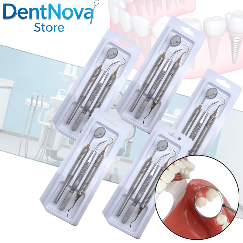 Dental Mirror Probe - ชุดอุปกรณ์สุขอนามัยทางทันตกรรมแบบพกพา 5 ชิ้น ประกอบด้วยกระจกตรวจฟันสองด้าน หัวตรวจฟัน และแหนบ