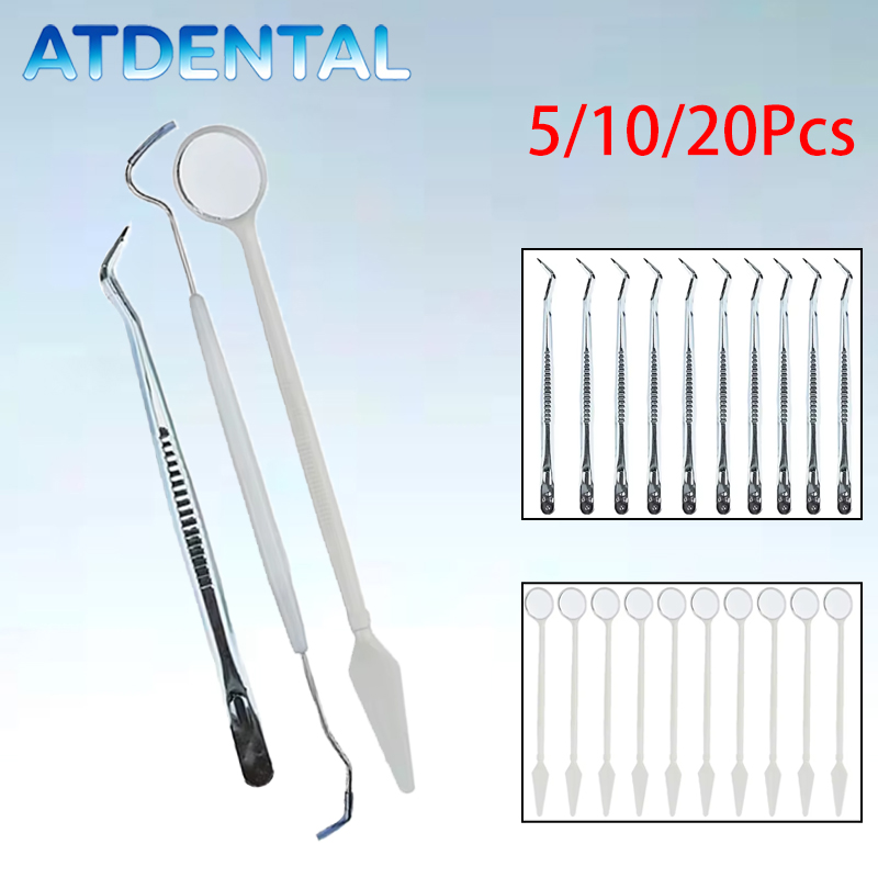 Dental Mirror Probe - ชุดอุปกรณ์ทันตกรรมแบบใช้แล้วทิ้ง 5/10/20 ชิ้น ประกอบด้วยเครื่องมือสำรวจแบบสองด้าน กระจกตรวจช่องปาก และแหนบ